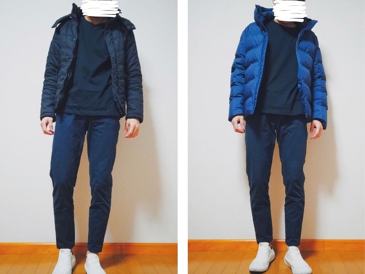 ダウンジャケット　黒かネイビー（紺色）　どっち　比較　スラックスを履いて比較